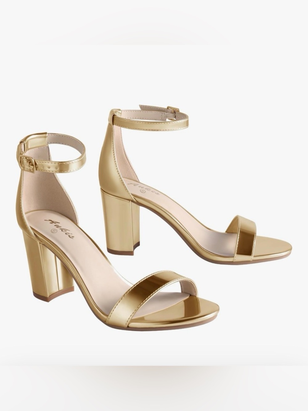 Ankis Heels Metallic Open Toe Ankle Strap Chunky Heel Sandals 2.75 In Sz 8 Gold